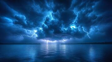Dark clouds gather ominously over a peaceful lake as lightning flashes illuminate the sky. The scene captures the contrast between calm waters and brewing storm. photo