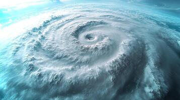 A vast hurricane is visible from a satellite perspective, showcasing its dramatic spiral formation and dense cloud coverage as it moves over the ocean. photo