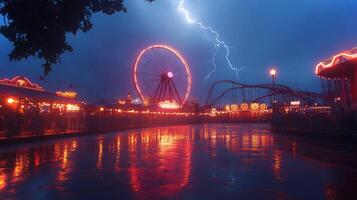 Bright carnival lights shine while a lightning storm creates a dramatic backdrop above rides at dusk, reflecting off wet surfaces and creating a vibrant atmosphere. photo