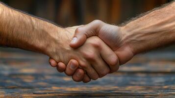 A friendly handshake between two individuals signifies trust and agreement, set against a rustic wooden backdrop. photo