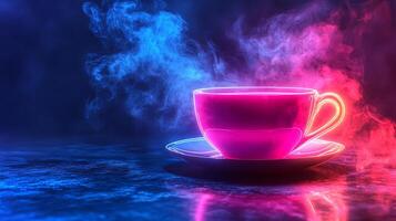 A vibrant neon outline of a steaming hot cup sits on a sleek surface, surrounded by colorful wisps of steam in a mesmerizing dark environment. photo