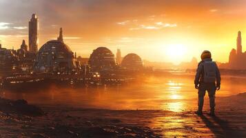 A stunning Martian sunrise illuminates a landscape of futuristic domed structures while an astronaut observes the breathtaking scene. photo