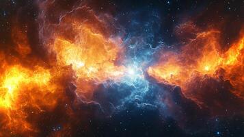 Bright colors burst from the remnants of a supernova, showcasing fiery orange and deep blue nebulae in a captivating cosmic expanse filled with stars. photo