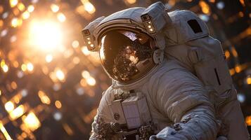 An astronaut approaches the grandeur of outer space illuminated by shimmering celestial bodies, showcasing the vastness of the universe on an extraordinary mission. photo