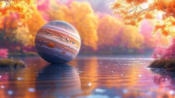 A vivid representation of Jupiter floating over a tranquil lake, surrounded by brilliant autumn foliage. The colorful trees create a dreamlike atmosphere. photo