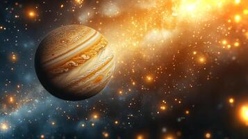 Jupiter showcases its retrograde motion against a backdrop of vibrant cosmic colors and twinkling stars, creating a captivating view in the night sky. photo