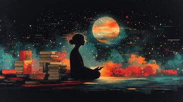 A figure sits cross-legged in meditation, surrounded by stacks of books, under a colorful cosmic sky filled with stars and swirling clouds, evoking tranquility. photo