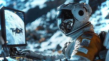 An astronaut wearing a VR headset engages with advanced technology in a space laboratory, surrounded by a lunar-like landscape. photo