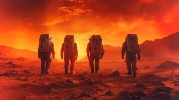Four astronauts in space suits collaborate on assembling a modular base on the Martian surface, illuminated by the stunning sunset. photo