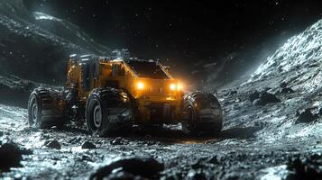 A robot navigates a dark lunar cave, using advanced technology to illuminate its surroundings and gather data during an exploratory mission on the Moon's surface. photo