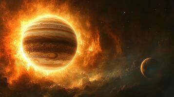 See Jupiter's stunning colors and swirling clouds illuminated during a solar eclipse, set against a breathtaking cosmic backdrop. photo