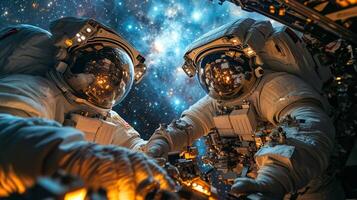 Two astronauts work together to unload scientific equipment from their spacecraft in a stunning cosmic setting filled with stars and planets. photo