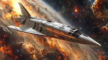 A sleek spacecraft glides elegantly through a vibrant, fiery cosmic environment, showcasing advanced technology and artistry in space travel. photo