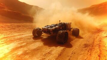 A rover navigates the Martian surface, deploying a series of sensors amidst a dusty environment during exploration efforts. photo