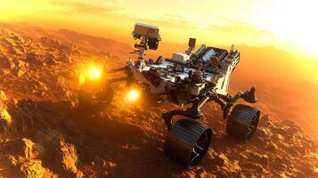 A Martian rover is navigating a rugged canyon landscape as the sun sets, casting a warm glow over the rocky environment and enhancing its features. photo