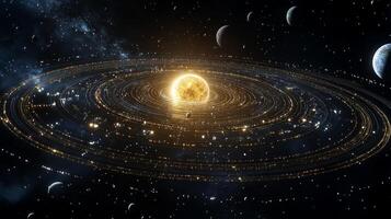 View the solar system from above, showcasing the vibrant sun at its center surrounded by planets orbiting gracefully in a vast cosmic space. photo