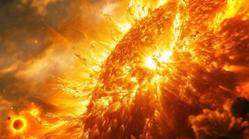 This captivating view showcases the Sun's surface, highlighted by bright solar flares erupting in dynamic patterns, emphasizing its vibrant activity. photo