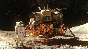 An astronaut stands on the edge of the lunar surface beside the lunar lander, surrounded by stars and the vastness of space during a night exploration. photo