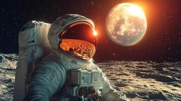 An astronaut in a spacesuit is exploring the lunar surface while tethered to a spacecraft. The backdrop features a radiant sunrise and distant moon terrain. photo