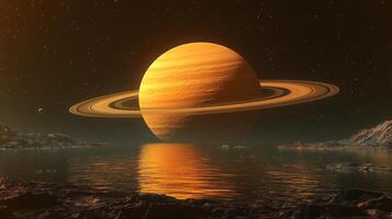 A stunning portrayal of Titan, Saturn's largest moon, featuring its thick atmosphere, reflective waters, and the captivating rings of Saturn in the twilight sky. photo