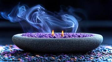 Two incense sticks release fragrant smoke above a bowl filled with vibrant herbs, creating a peaceful atmosphere ideal for meditation and relaxation. photo