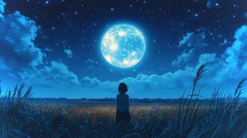 A contemplative individual stands in a grassy field, admiring the bright full moon illuminated amid a sky filled with twinkling stars and gentle clouds. photo