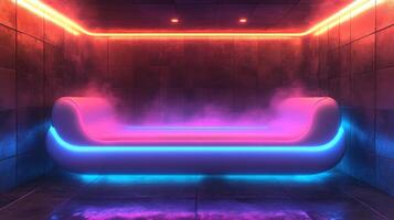 A steam room features a neon-outlined bench glowing with purple and blue lights, surrounded by a misty atmosphere, creating a serene relaxation space. photo