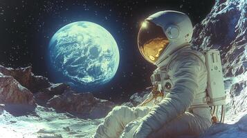 An astronaut in a spacesuit sits on the moon's surface, tethered to equipment, gazing at Earth rising in the vastness of space, creating a serene yet surreal moment. photo