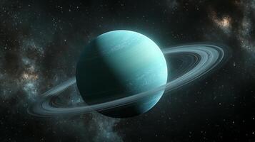 A striking depiction of Uranus reveals its pale blue hue and stunning ring system while surrounded by the vastness of outer space, showcasing cosmic beauty. photo