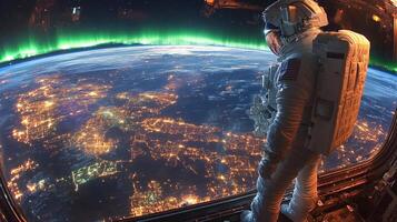 An astronaut aboard the International Space Station observes a stunning aurora against the backdrop of Earth illuminated by city lights. photo