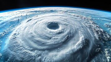 This breathtaking view shows a massive hurricane forming over the ocean, with swirling clouds and a clear eye visible from the perspective of outer space. photo