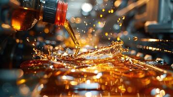 A close-up of liquid being poured, creating splashes in a vibrant, golden liquid. photo