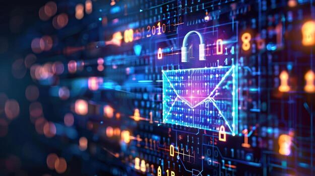 Digital representation of email security with a lock and binary code. photo