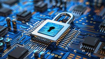 A digital lock overlaying a circuit board, symbolizing cybersecurity and data protection. photo