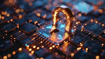 A digital padlock on a circuit board, symbolizing cybersecurity and data protection. photo
