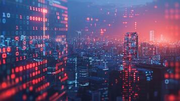 A futuristic cityscape with digital binary code overlay, symbolizing technology and data. photo