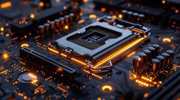 Close-up of a computer motherboard with glowing circuitry and a CPU socket. photo