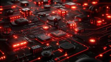 A close-up view of a circuit board with glowing red components and intricate connections. photo