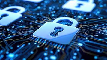 Digital locks on a circuit board, symbolizing cybersecurity and data protection. photo