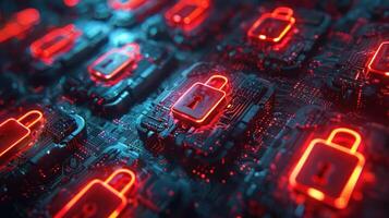 A digital representation of cybersecurity featuring glowing locks on a circuit board. photo