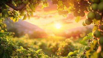 A picturesque sunset over an apple orchard, highlighting vibrant green apples and lush foliage. photo
