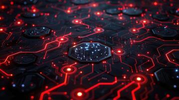A close-up of a circuit board design with glowing red and blue elements. photo