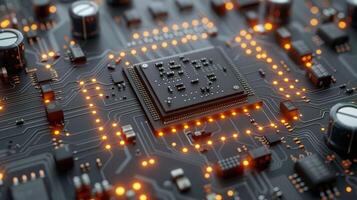 Close-up of a circuit board with a microchip and glowing connections. photo