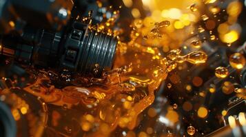 Close-up of engine components submerged in golden liquid, showcasing mechanical intricacies. photo