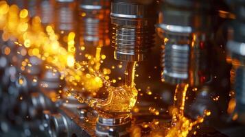 Close-up of industrial machinery with liquid splashes, highlighting engineering and precision. photo