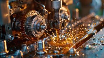 Close-up of a mechanical component with oil splashing, highlighting industrial machinery in action. photo