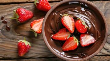 Fresh strawberries dipped in rich chocolate in a wooden bowl on a rustic table. photo