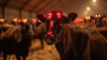 Cows wearing red LED collars in a barn, indicating a technological monitoring system. photo