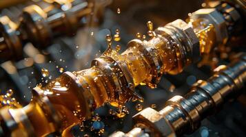 Close-up of a metallic component with oil splashes, showcasing industrial machinery in action. photo