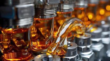 Close-up of mechanical components with amber liquid, showcasing industrial engineering. photo